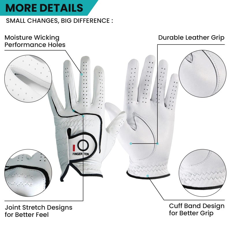 FINGER TEN Menâ€™s Golf Gloves Right Handed Left Hand Value 3 Pack, Cabretta Leather Grip Fit Small Medium Large XL XXL 2XL (Natural White, Cadet Medium, Left) - Image 3